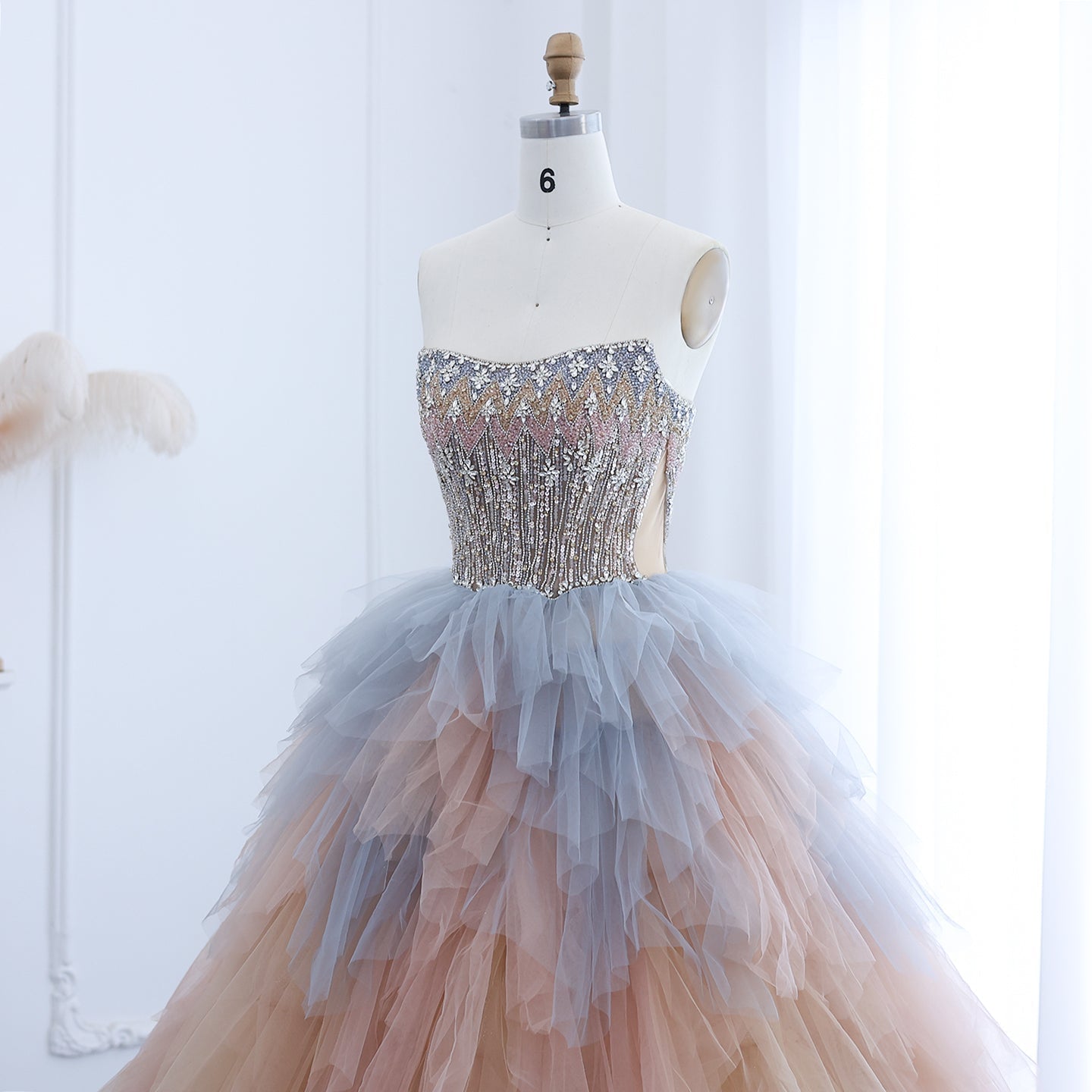 Luxury Beaded Rose Gold Blue Ruffles Princess Ball Gown Evening Dress SS731