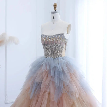 Luxury Rose Gold Ruffles Ball Gown Evening Dress SS731