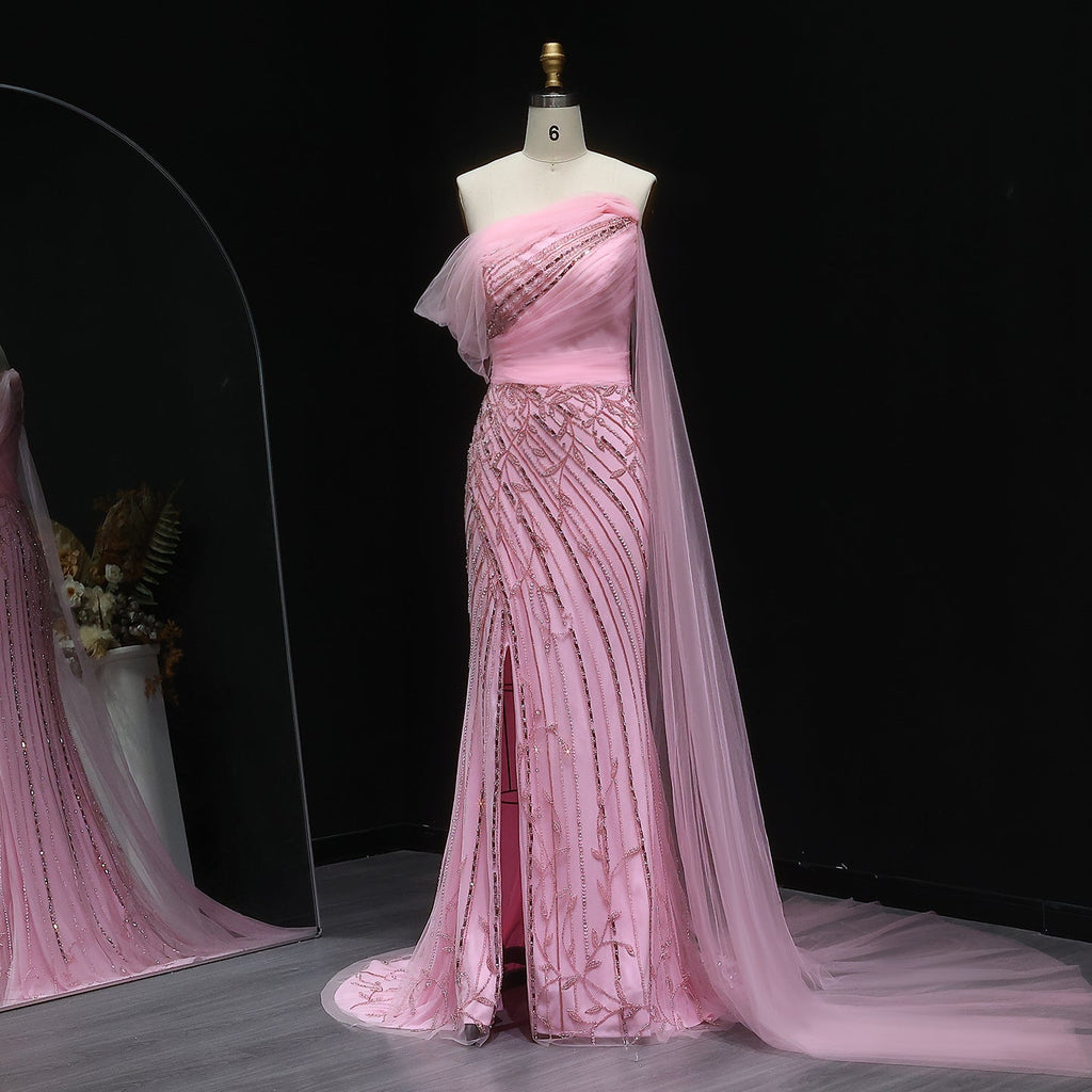 Chic Off Shoulder Blush Pink Evening Gown with Cape Sleeves SS466