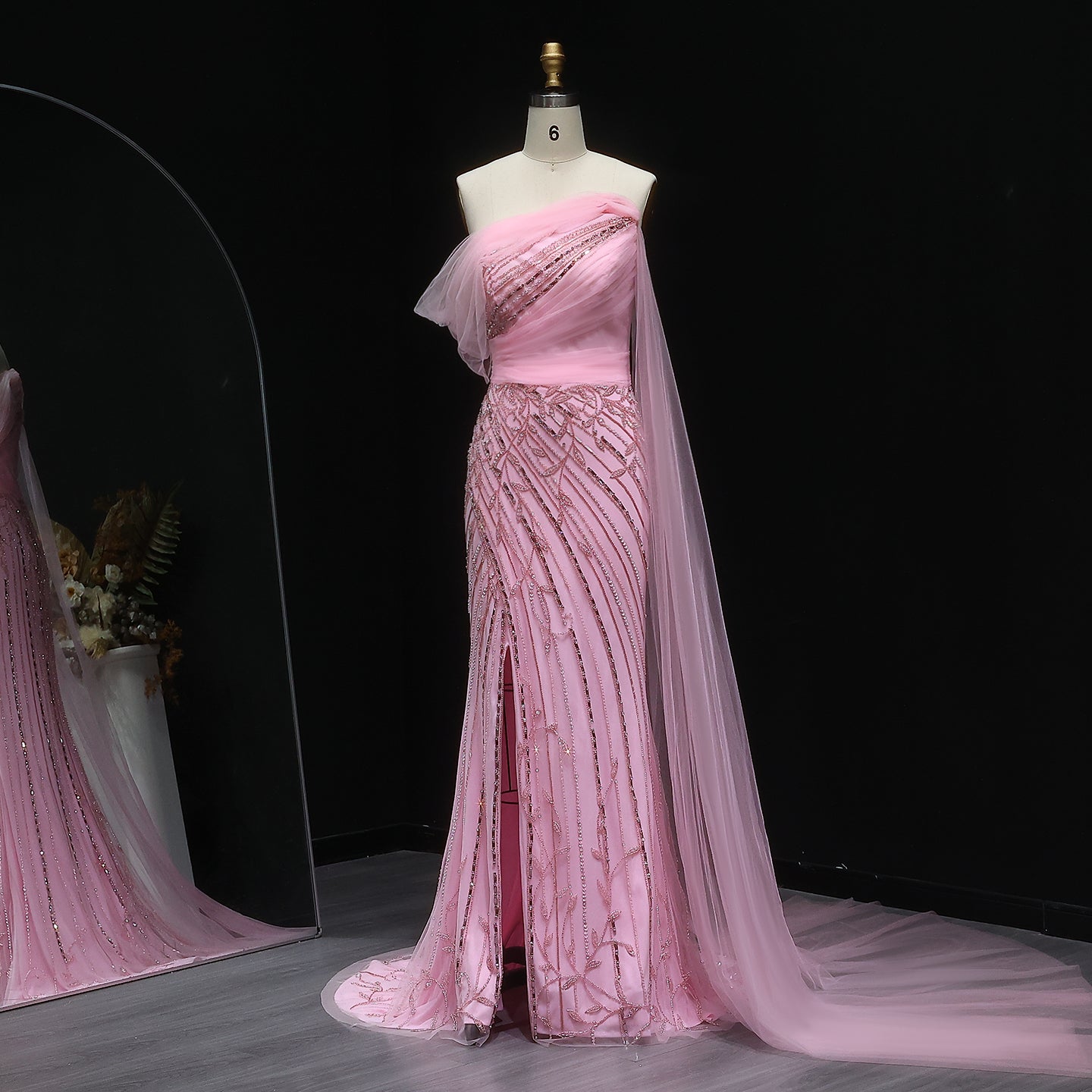 Chic Off Shoulder Blush Pink Evening Gown with Cape Sleeves SS466