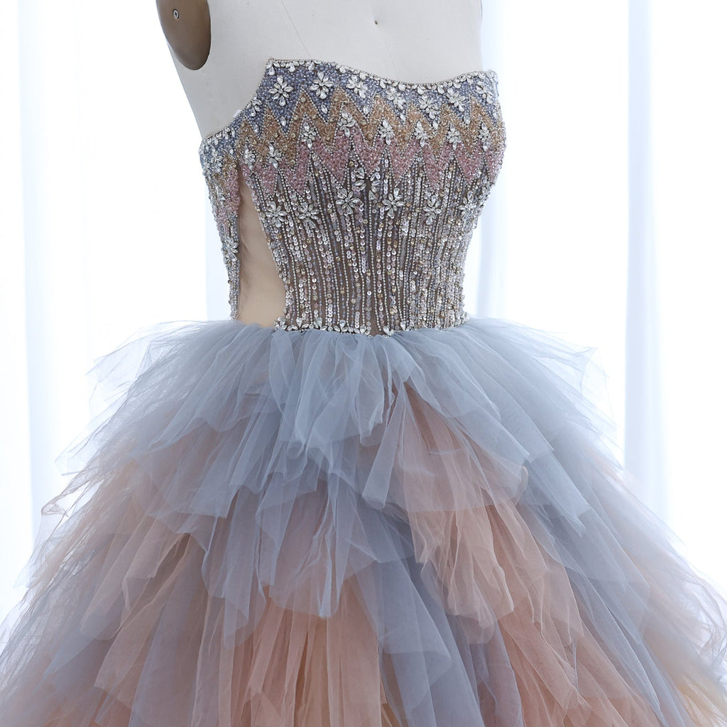 Luxury Beaded Rose Gold Blue Ruffles Princess Ball Gown Evening Dress SS731