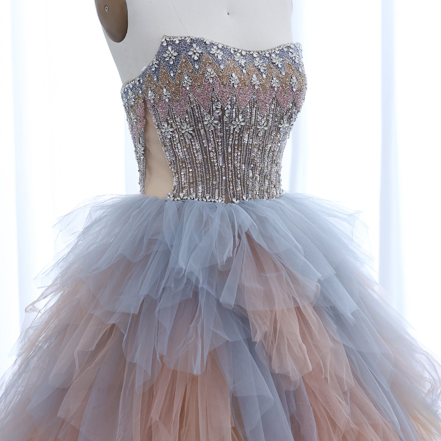 Luxury Beaded Rose Gold Blue Ruffles Princess Ball Gown Evening Dress SS731