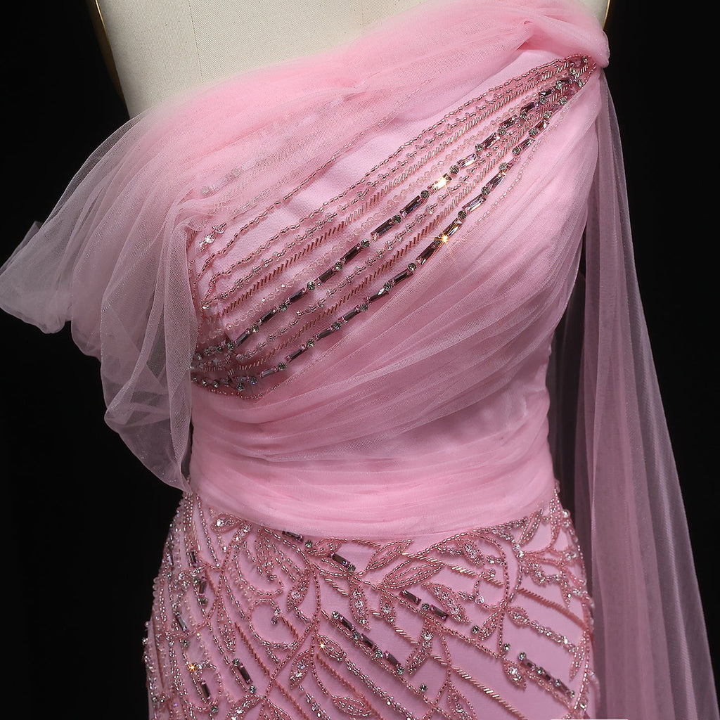 Chic Off Shoulder Blush Pink Evening Gown with Cape Sleeves SS466