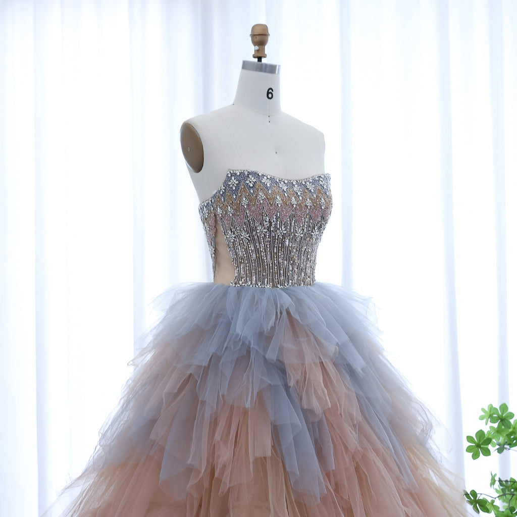 Luxury Beaded Rose Gold Blue Ruffles Princess Ball Gown Evening Dress SS731