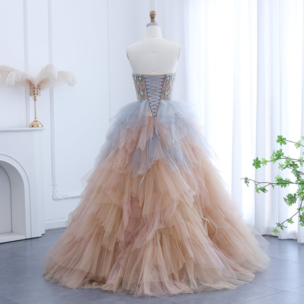 Luxury Beaded Rose Gold Blue Ruffles Princess Ball Gown Evening Dress SS731