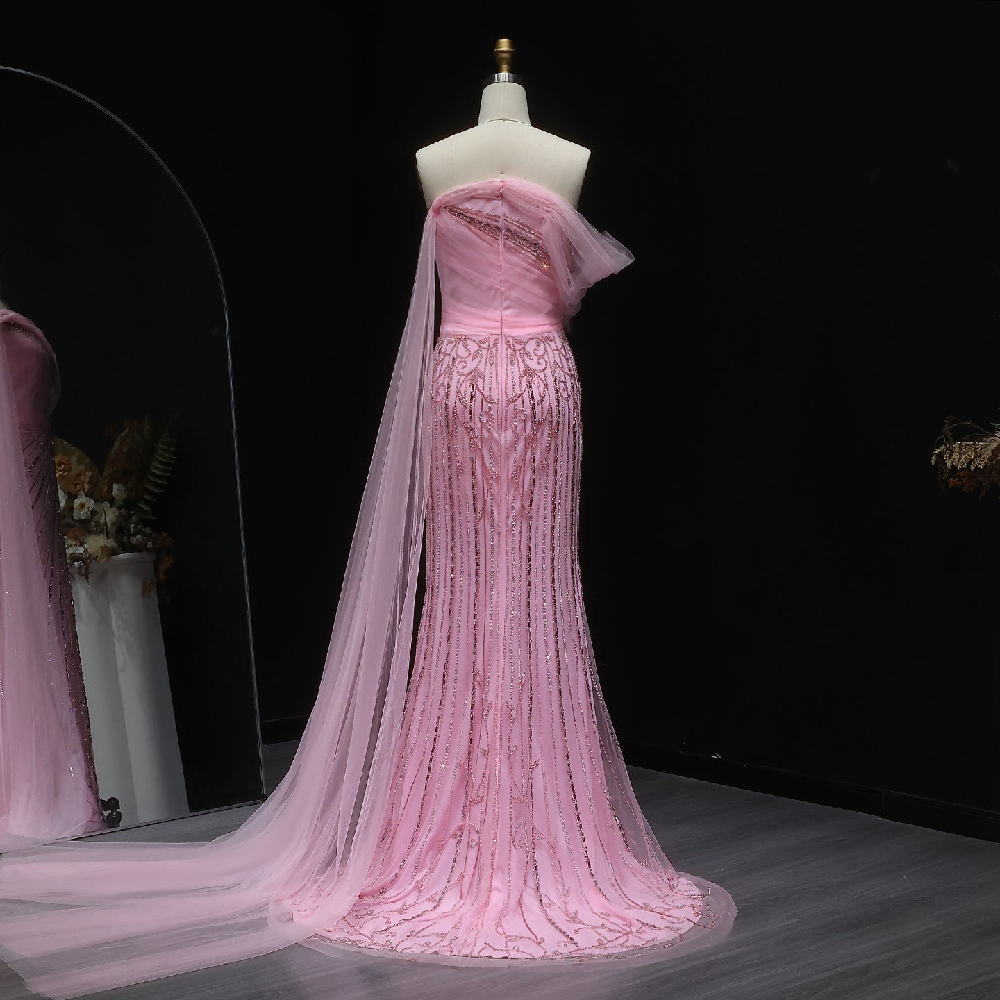 Chic Off Shoulder Blush Pink Evening Gown with Cape Sleeves SS466