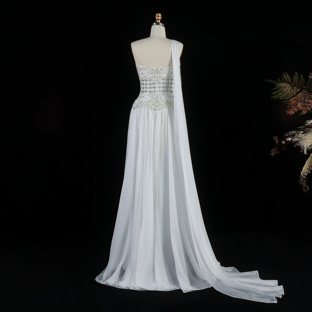 Elegant Blush Pink 3D Floral Beaded One-Shoulder Cape Evening Dress SS285