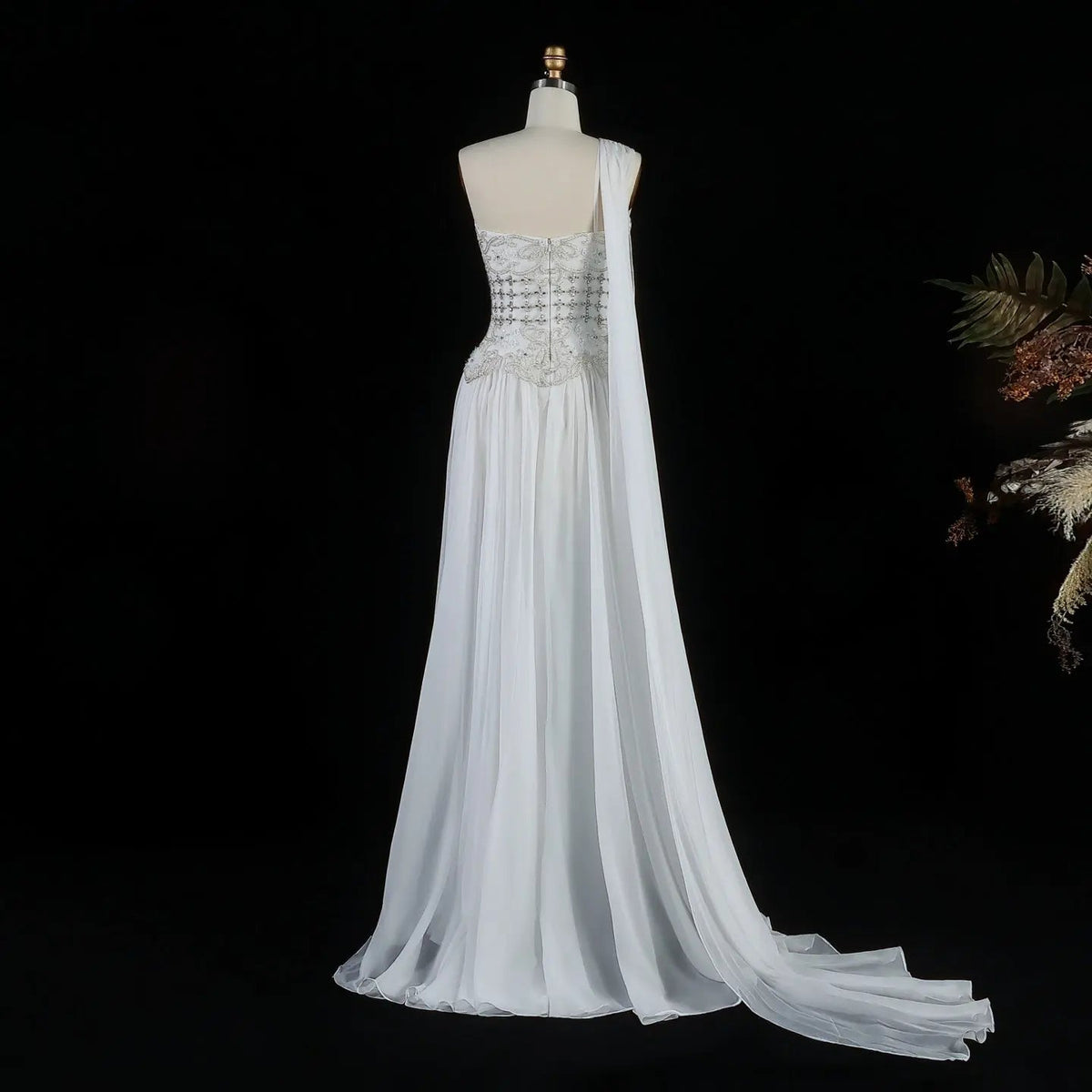 Luxury Blush Pink Beaded 3D Floral One-Shoulder Cape Evening Dress SS285