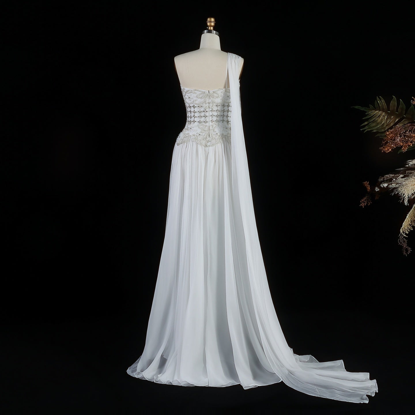 Elegant Blush Pink 3D Floral Beaded One-Shoulder Cape Evening Dress SS285