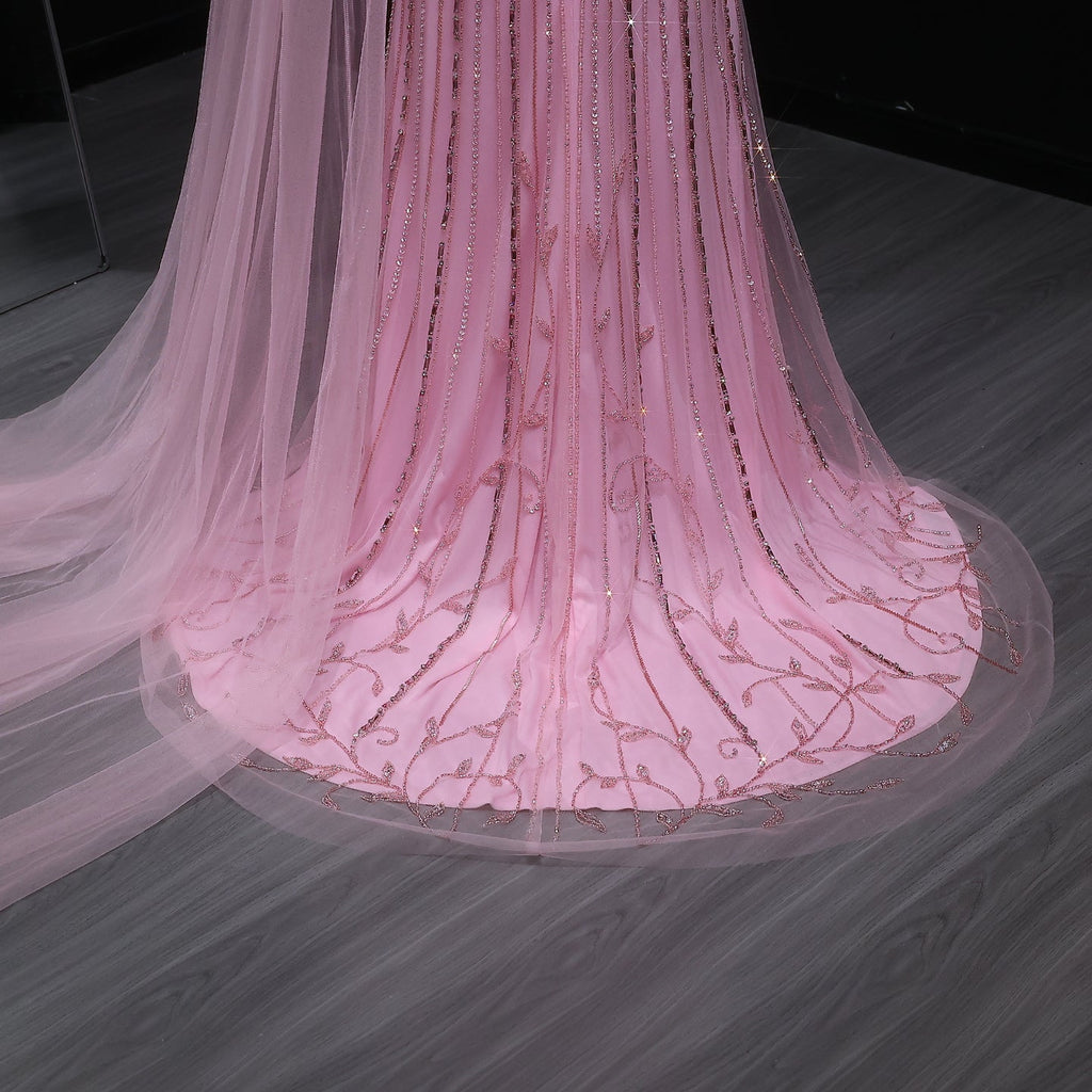 Chic Off Shoulder Blush Pink Evening Gown with Cape Sleeves SS466