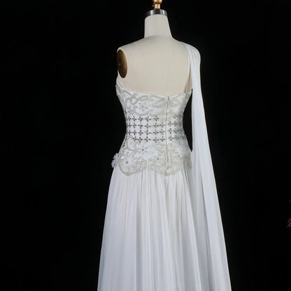 Luxury Blush Pink Beaded 3D Floral One-Shoulder Cape Evening Dress SS285