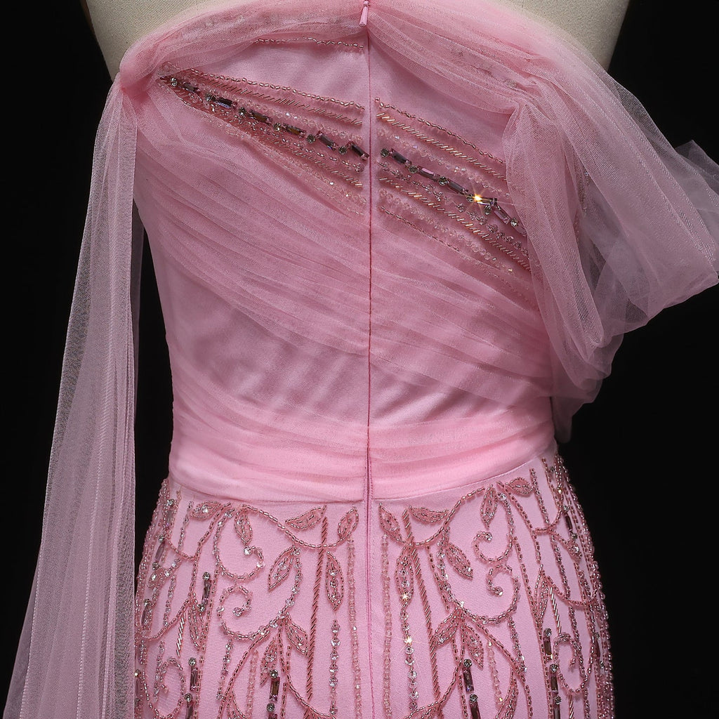 Chic Off Shoulder Blush Pink Evening Gown with Cape Sleeves SS466