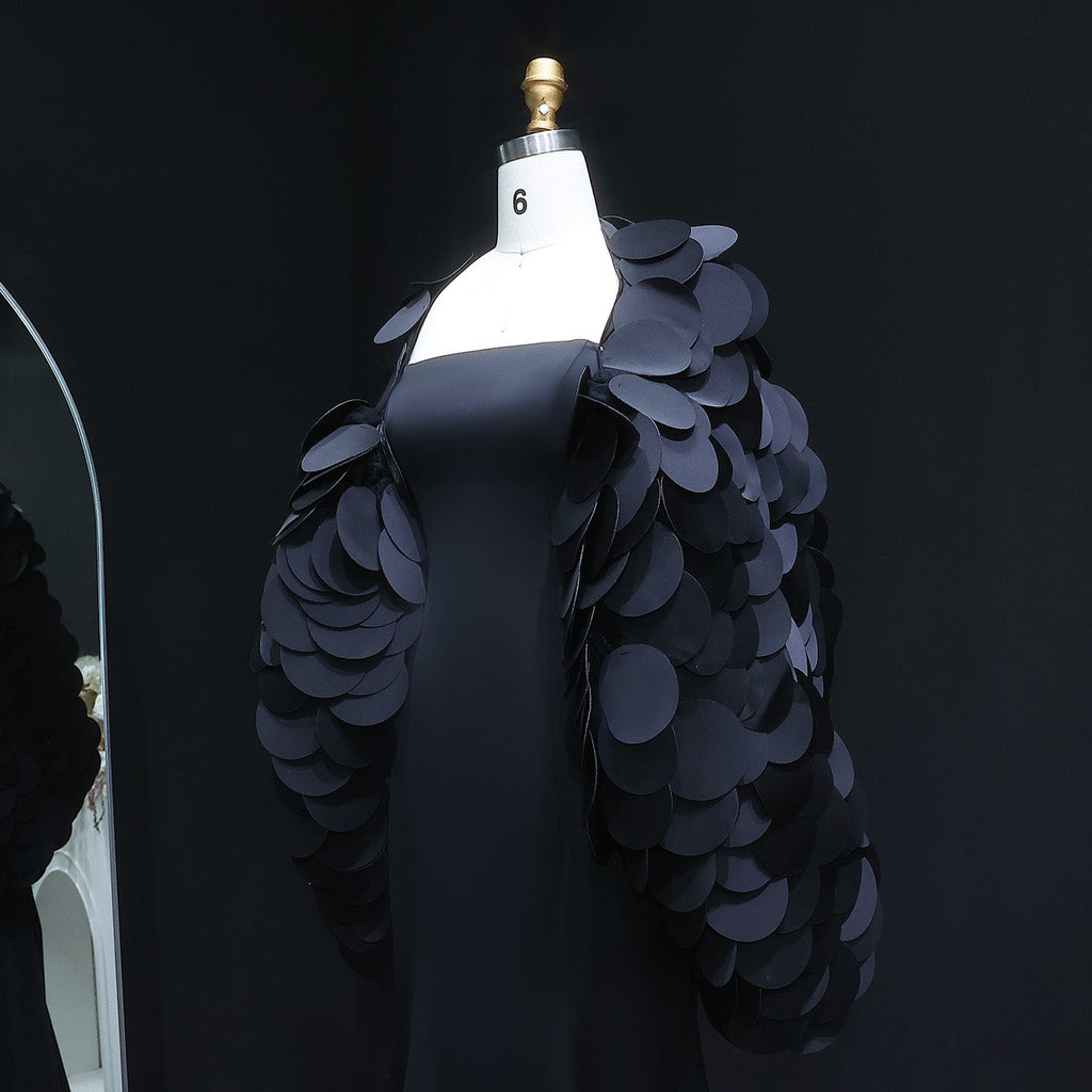 Luxury Black Strapless Ruffled Satin Mermaid Evening Dress SF588
