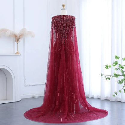 Luxury Dubai Green Evening Dresses with Cape Fuchsia Crystal Gold SS399