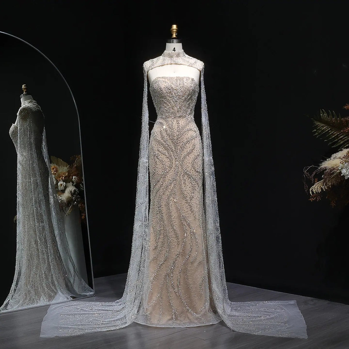 Luxury Beaded Red Mermaid Evening Dress with Cape Sleeves SS663