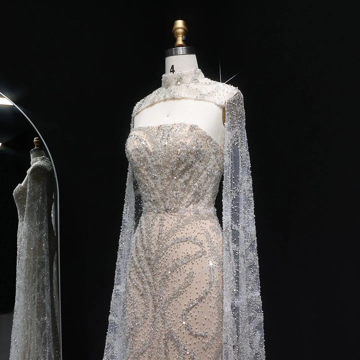 Luxury Beaded Red Mermaid Evening Dress with Cape Sleeves SS663