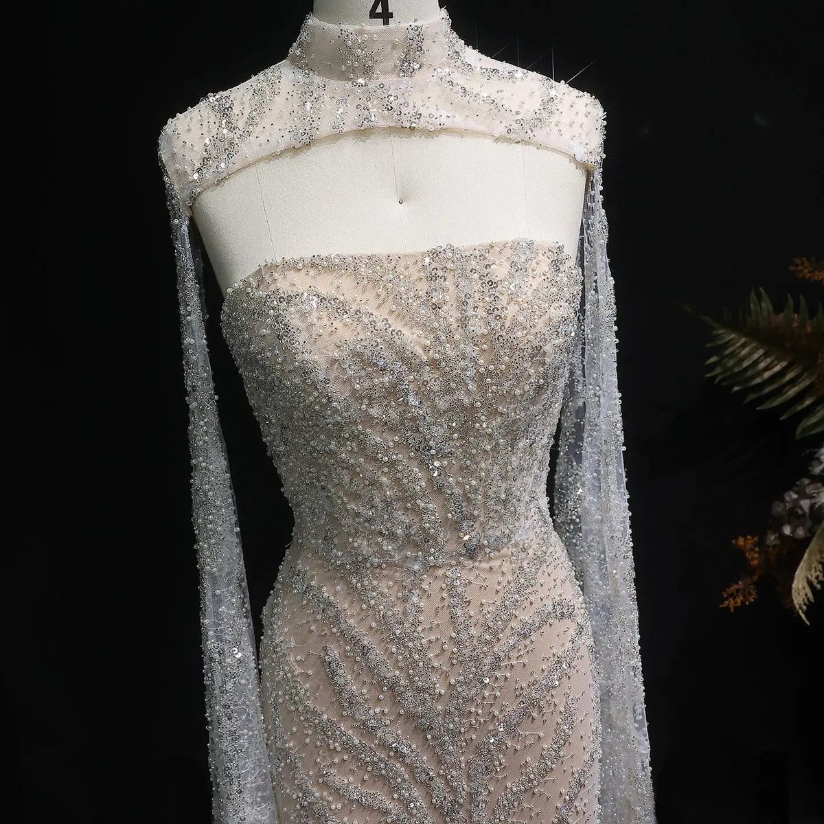 Luxury Beaded Red Mermaid Evening Dress with Cape Sleeves SS663