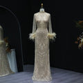 Luxury Feather Gold Long Sleeves High Neck Evening Dress SS659