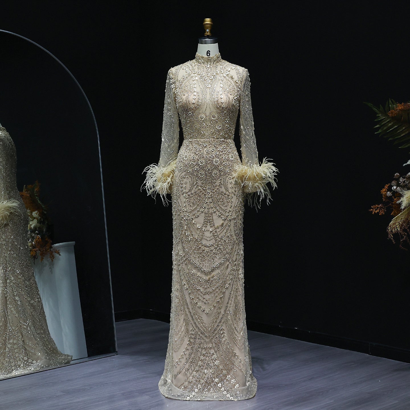 Luxury Feather Gold Long Sleeves High Neck Evening Dress SS659
