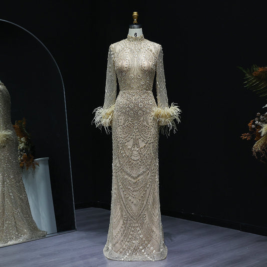 Luxury Feather Gold Long Sleeves High Neck Evening Dress SS659