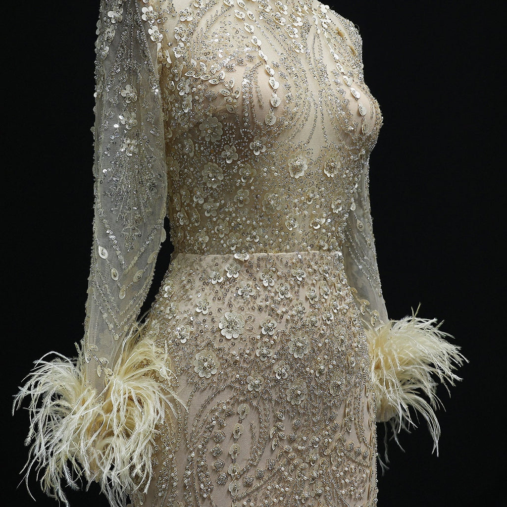 Luxury Feather Gold Long Sleeves High Neck Evening Dress SS659