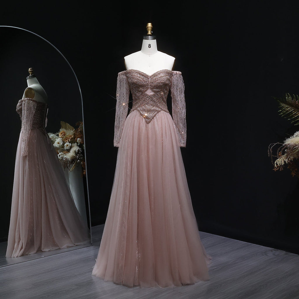 Luxury Champagne Off Shoulder Arabic Evening Dress SS116
