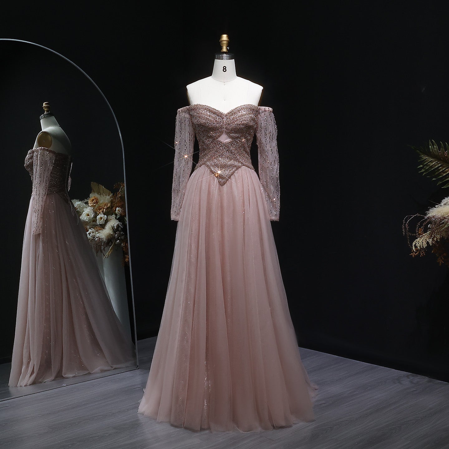 Luxury Champagne Off Shoulder Arabic Evening Dress SS116