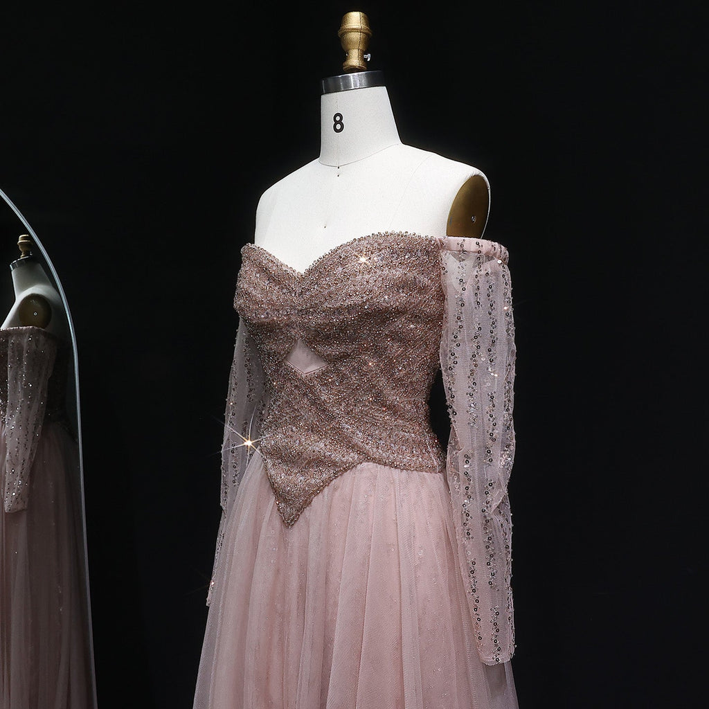 Luxury Champagne Off Shoulder Arabic Evening Dress SS116
