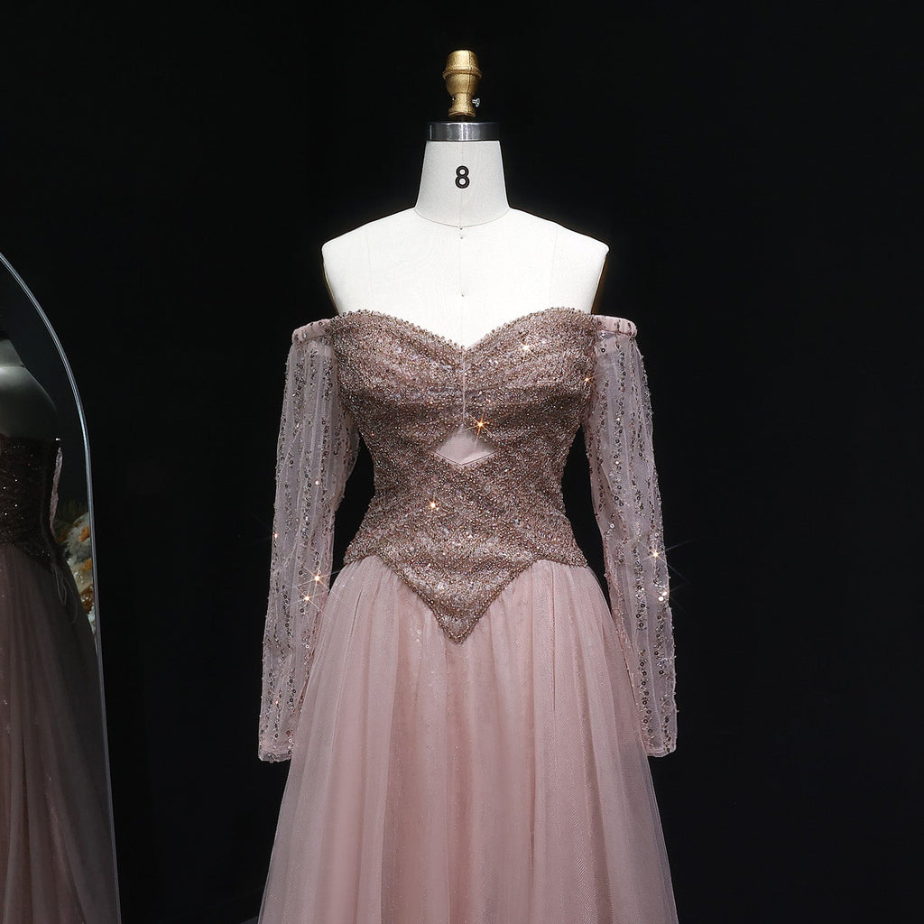 Luxury Champagne Off Shoulder Arabic Evening Dress SS116