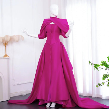 Fuchsia Mermaid Evening Dress with Overskirt Corset Long Sleeves SF030