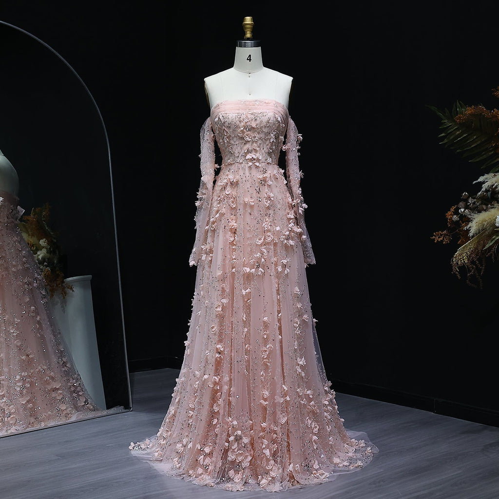 Elegant Pink 3D Flowers Evening Dress with Long Sleeves SS344