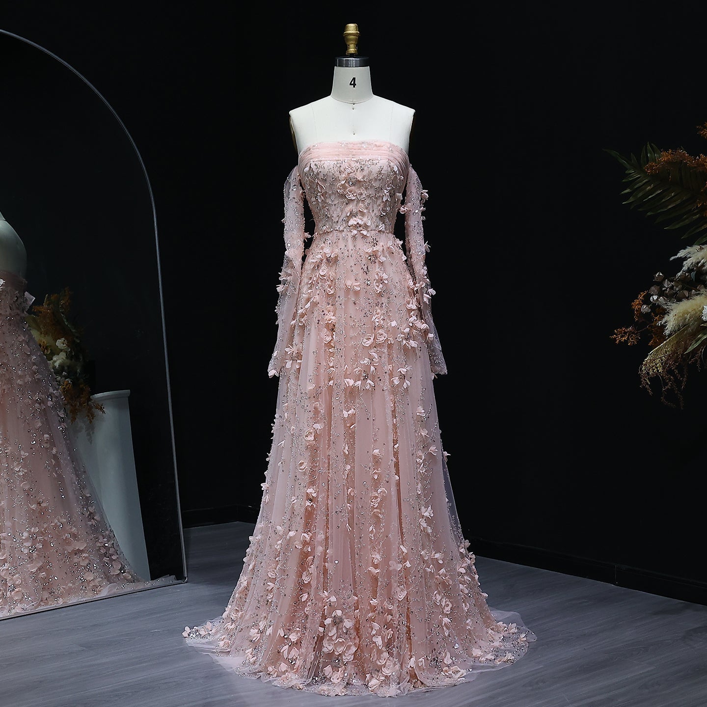 Elegant Pink 3D Flowers Evening Dress with Long Sleeves SS344