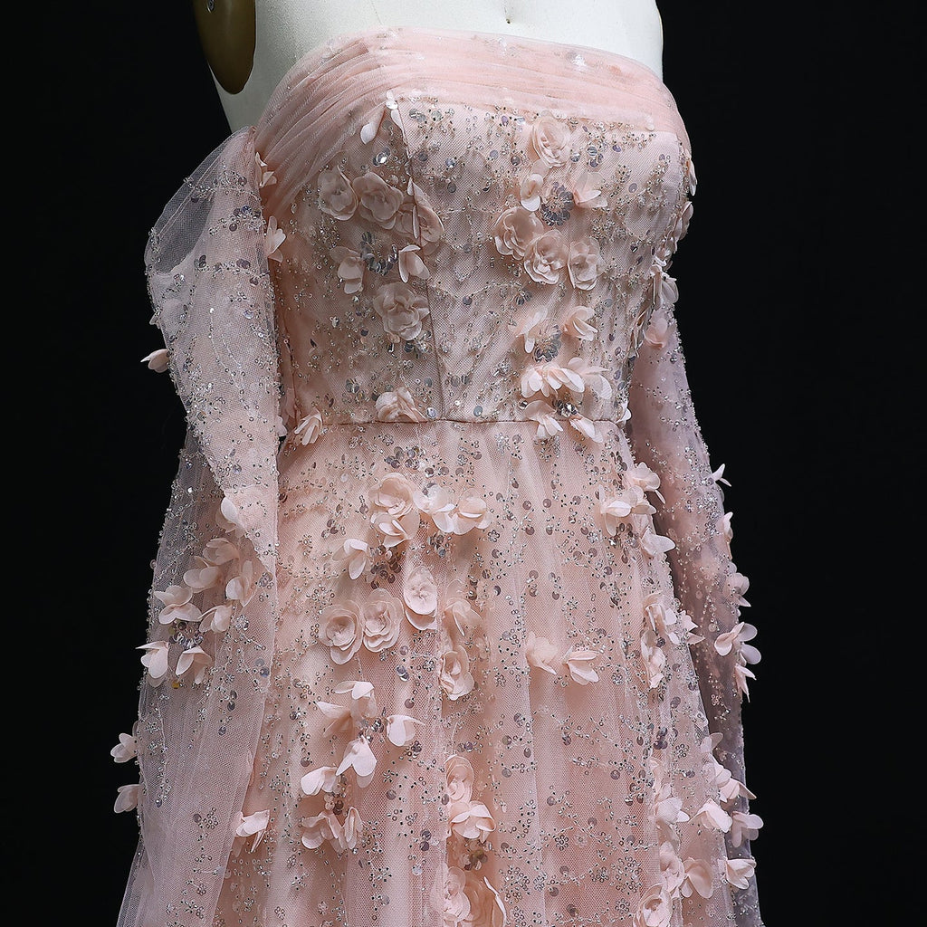 Elegant Pink 3D Flowers Evening Dress with Long Sleeves SS344