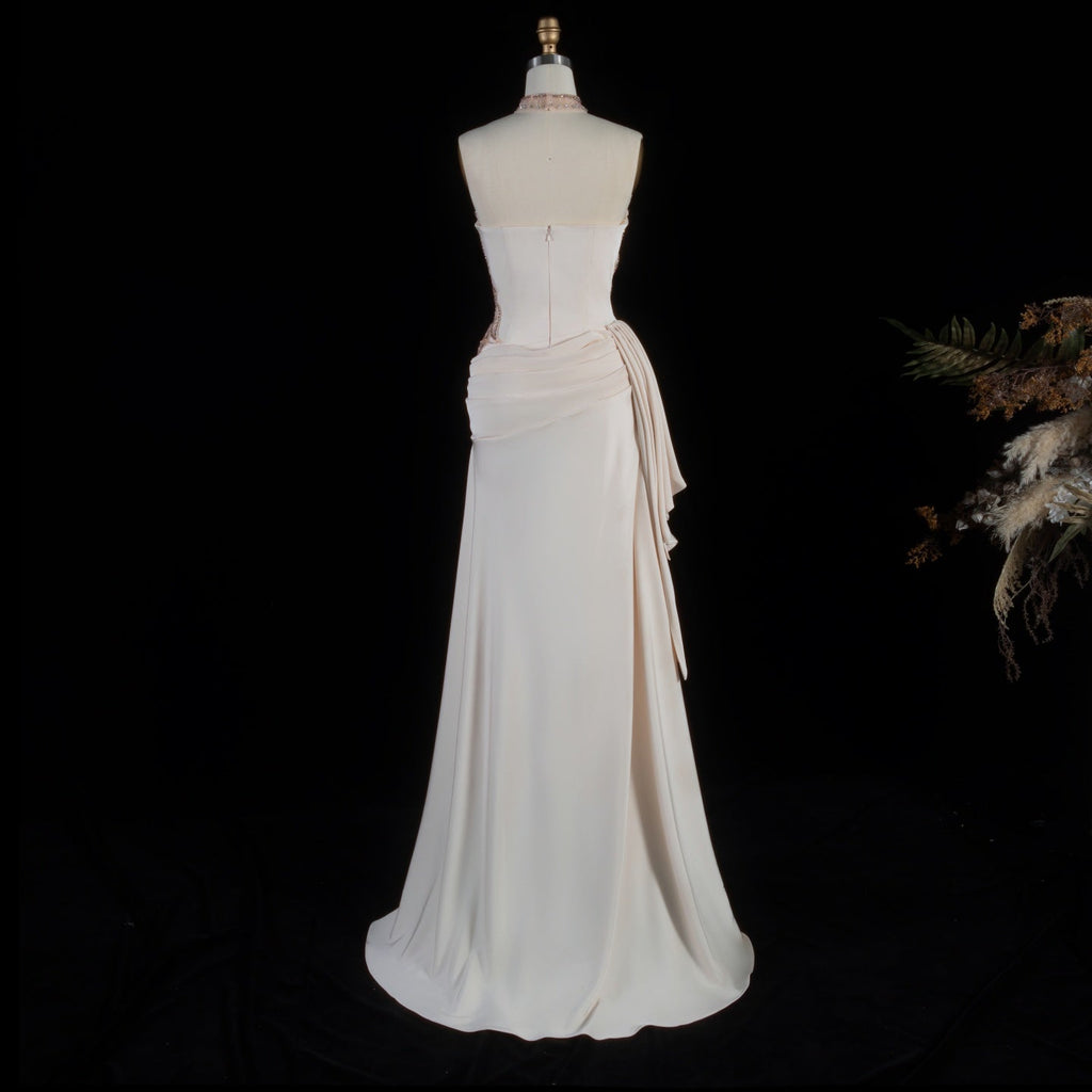Elegant Beige Strapless Beaded Evening Dress with Overskirt and Scarf SS242