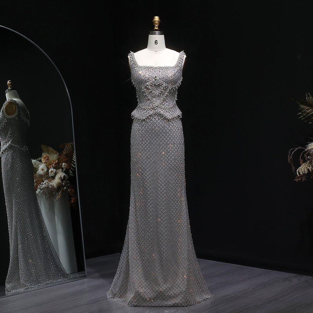 Luxury Gray Beaded Crystal Long Straight Evening Dress SS631