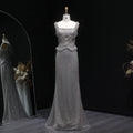 Luxury Gray Beaded Crystal Long Straight Evening Dress SS631