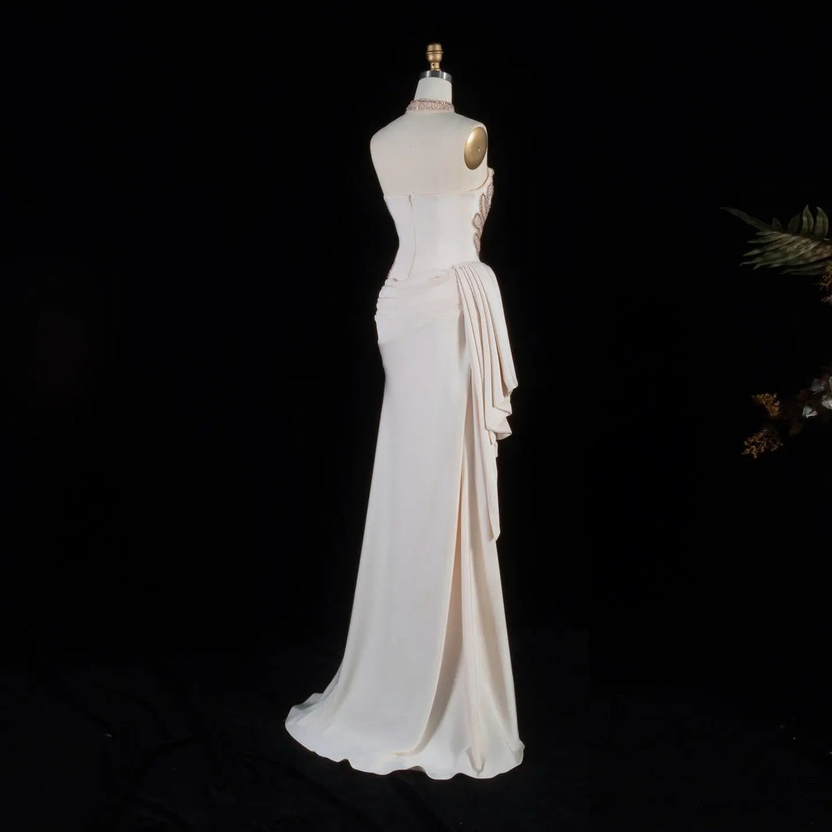 Luxury Beige Strapless Beaded Evening Dress with Overskirt and Scarf SS242
