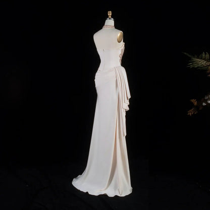 Luxury Beige Strapless Beaded Evening Dress with Overskirt and Scarf SS242