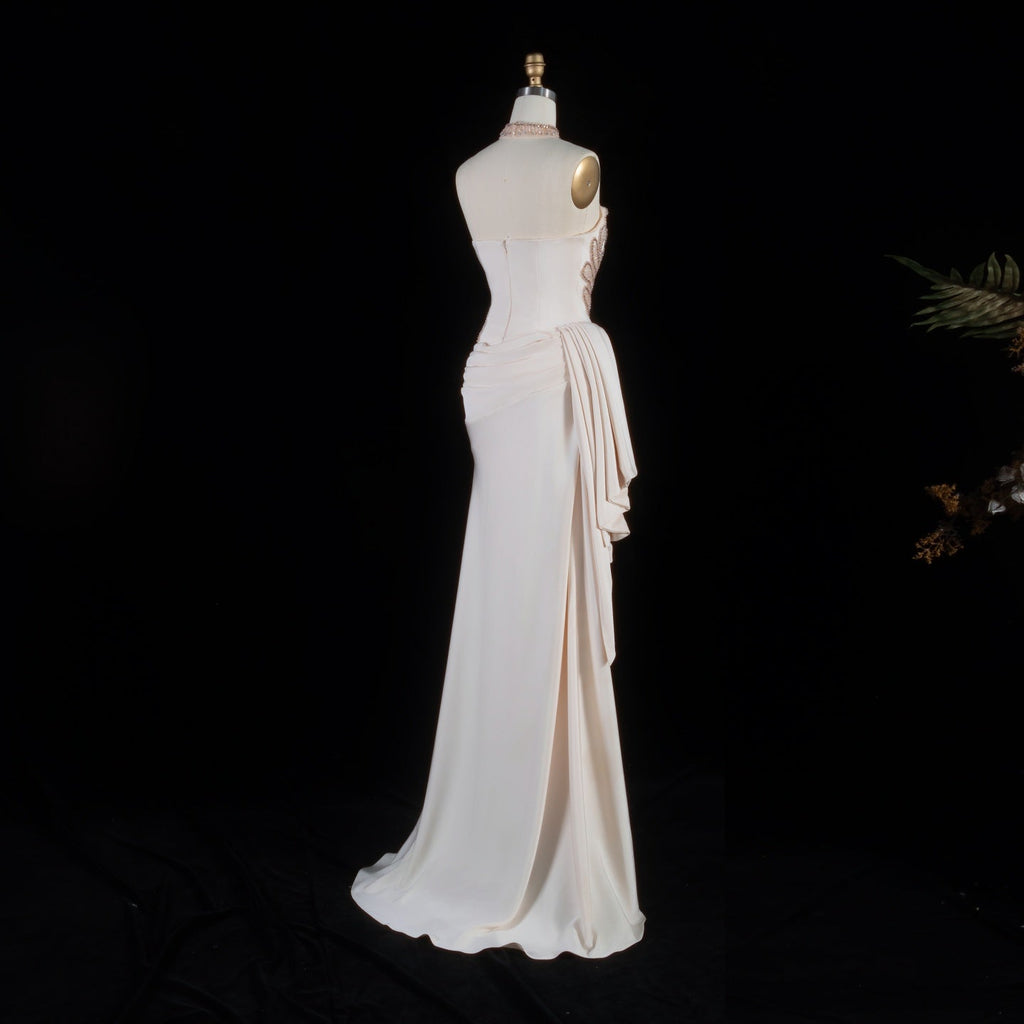 Elegant Beige Strapless Beaded Evening Dress with Overskirt and Scarf SS242