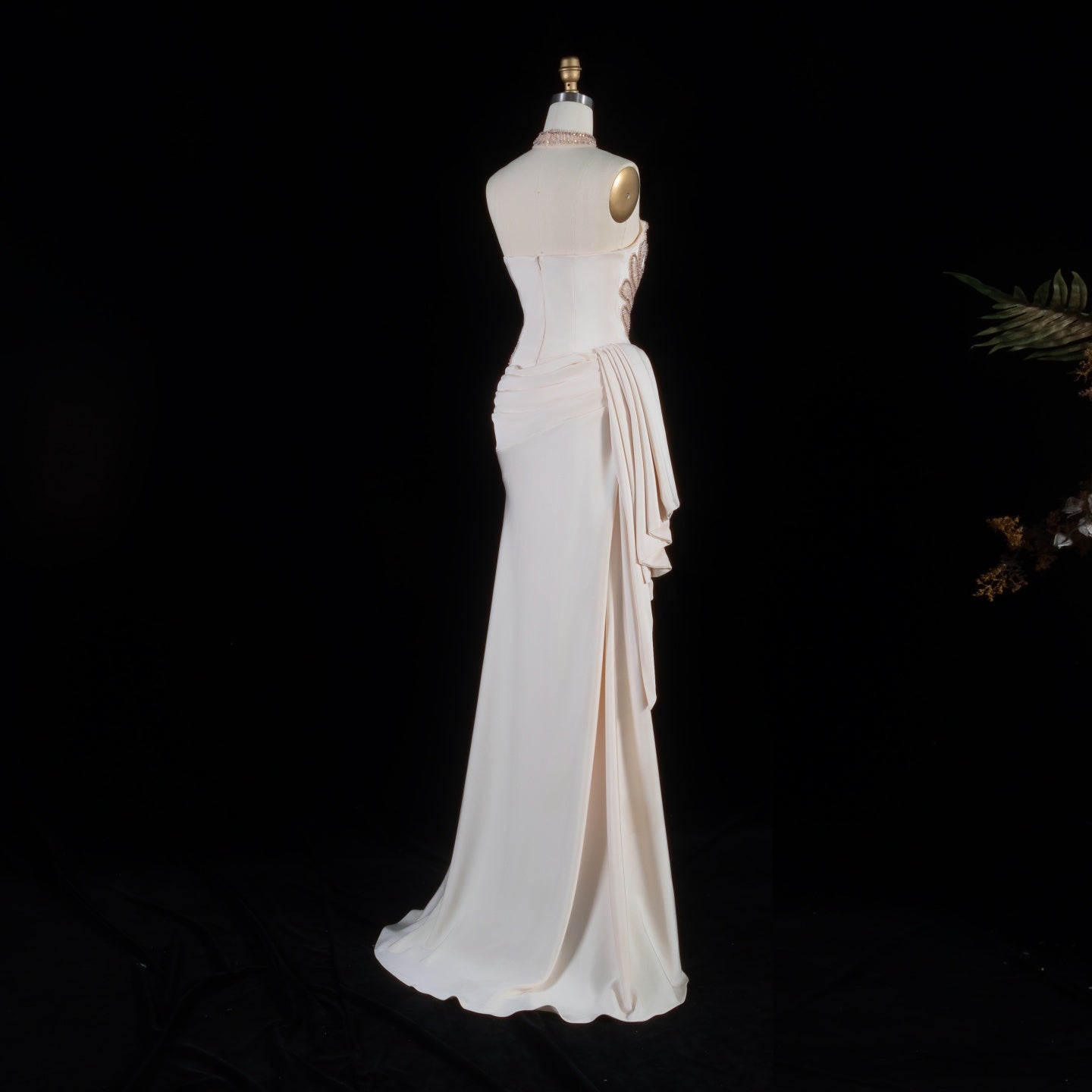 Elegant Beige Strapless Beaded Evening Dress with Overskirt and Scarf SS242