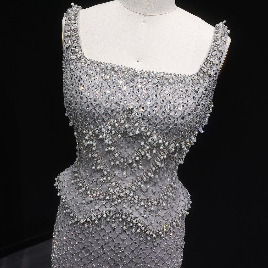 Luxury Gray Beaded Crystal Long Straight Evening Dress SS631