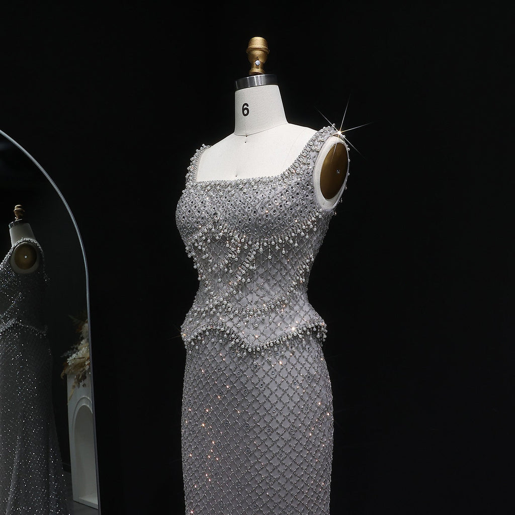 Luxury Gray Beaded Crystal Long Straight Evening Dress SS631