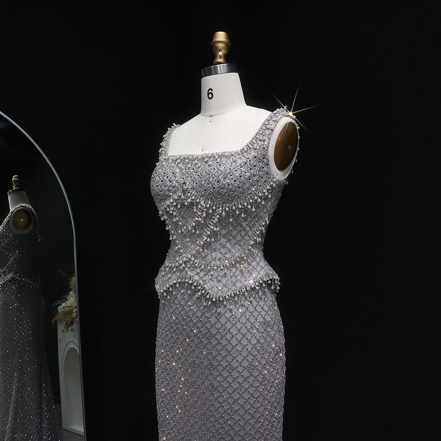 Luxury Gray Beaded Crystal Long Straight Evening Dress SS631