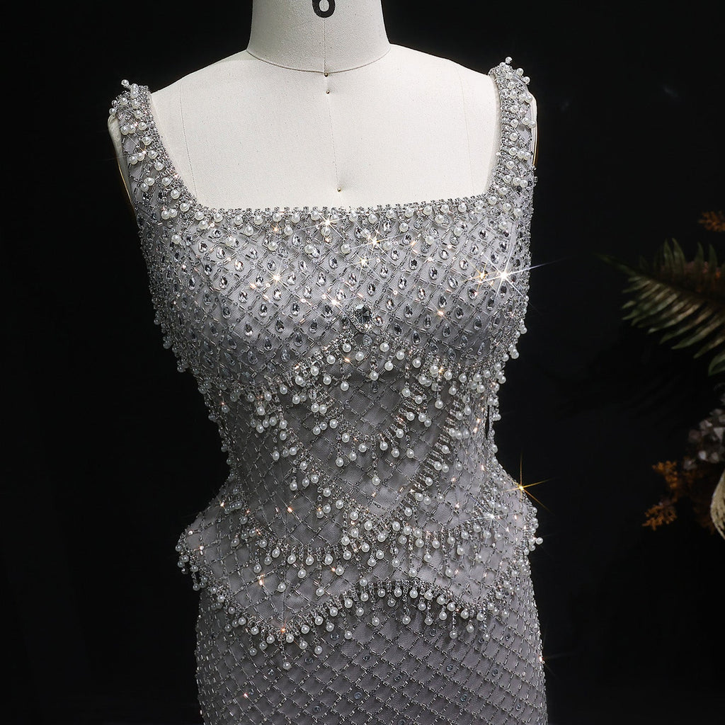 Luxury Gray Beaded Crystal Long Straight Evening Dress SS631