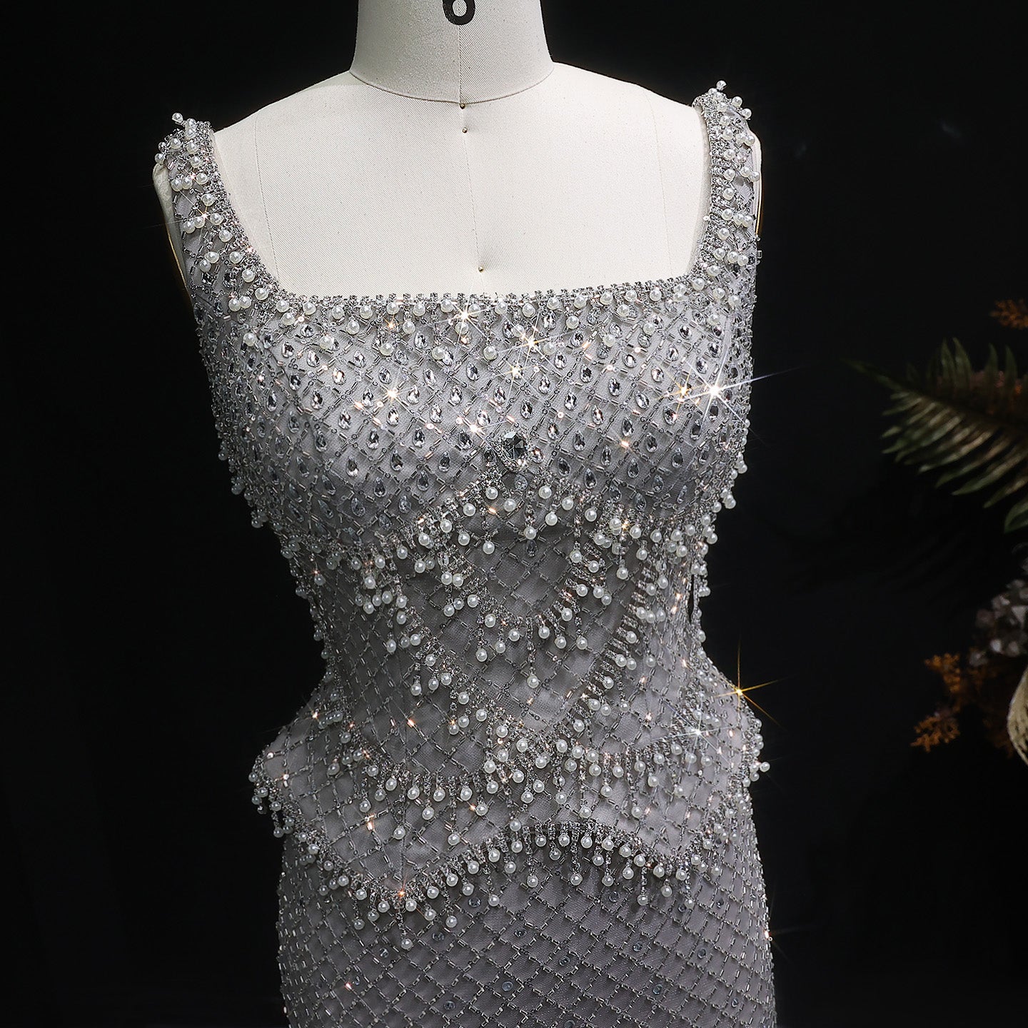 Luxury Gray Beaded Crystal Long Straight Evening Dress SS631