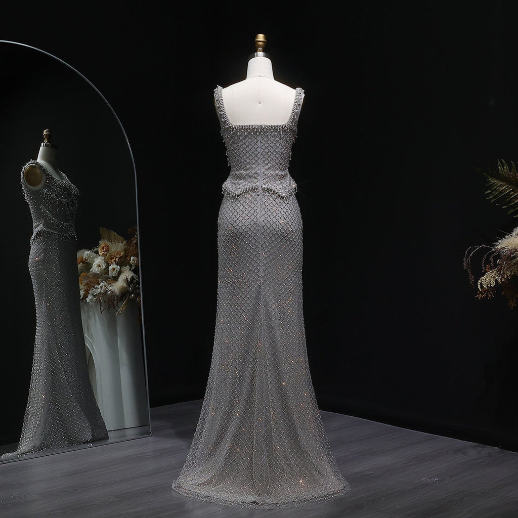 Luxury Gray Beaded Crystal Long Straight Evening Dress SS631