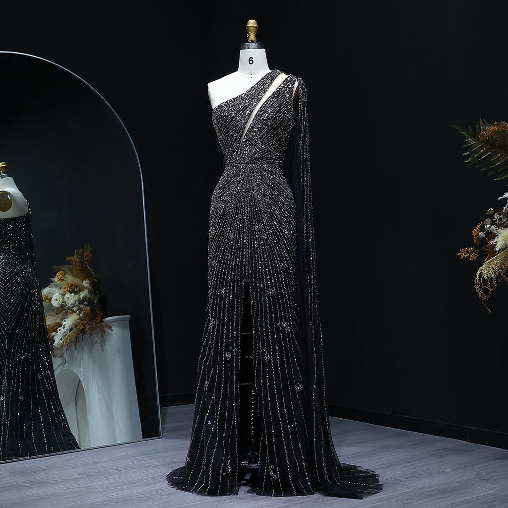 Elegant One Shoulder Beaded Mermaid Black Evening Gown with Flowing Cape SS317