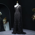 Elegant One Shoulder Beaded Mermaid Black Evening Gown with Flowing Cape SS317