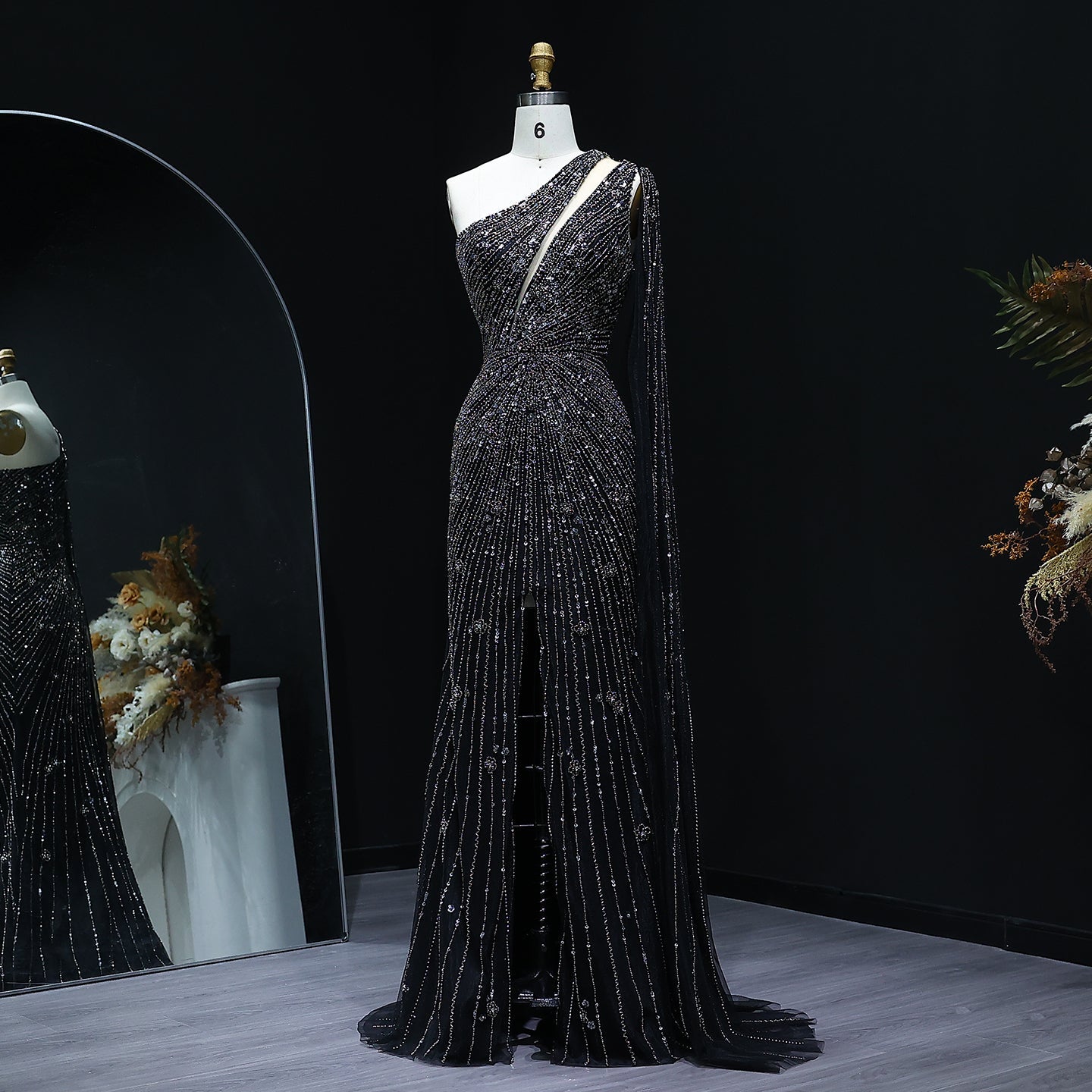 Elegant One Shoulder Beaded Mermaid Black Evening Gown with Flowing Cape SS317