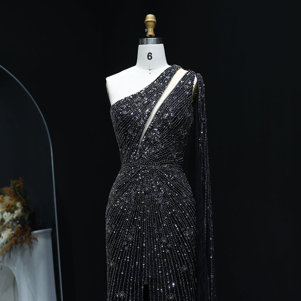 Elegant One Shoulder Beaded Mermaid Black Evening Gown with Flowing Cape SS317